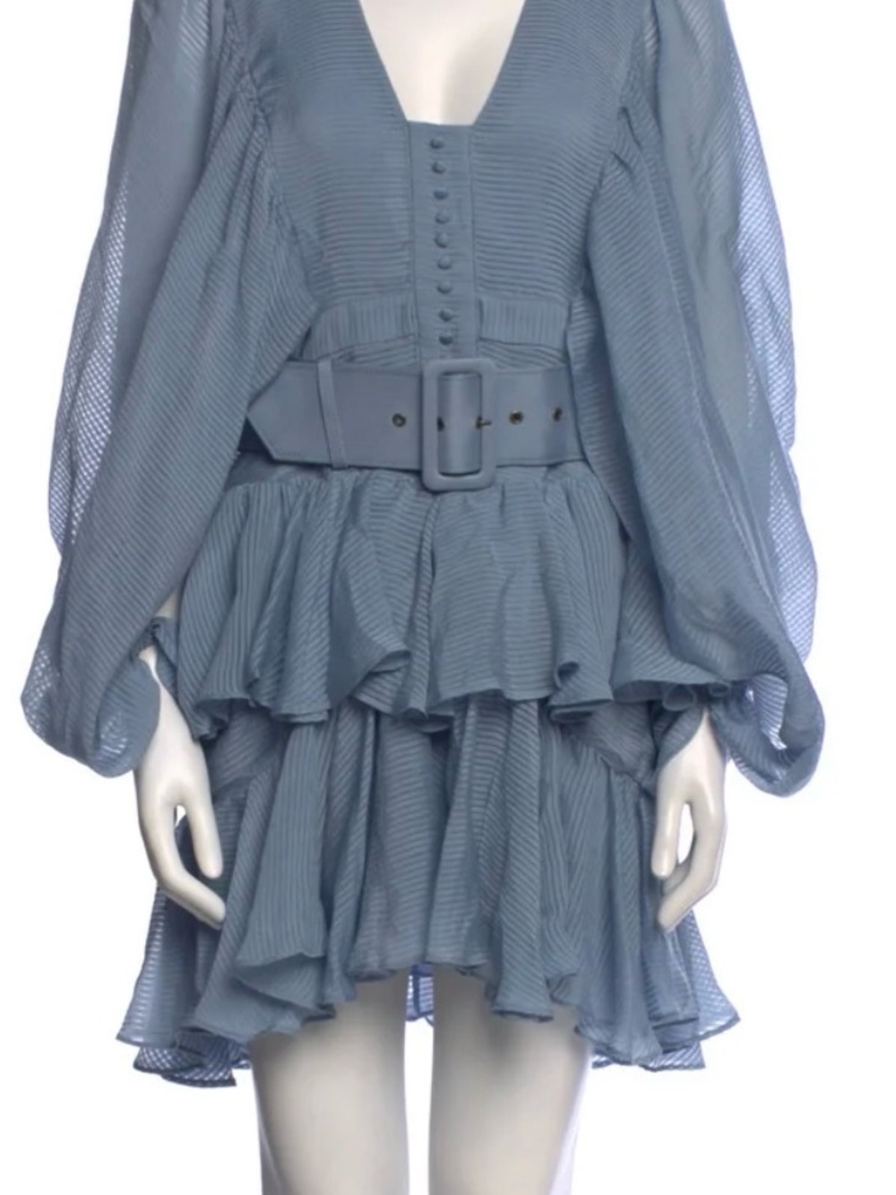 Shona Joy Dusty Blue Tiered Ruffle Mini Dress with Belt